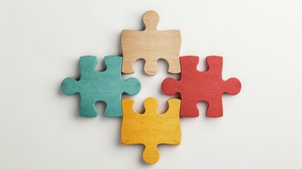 Obraz premium Colorful puzzle pieces arranged together on a white background. Perfect for themes of teamwork, problem-solving, and creativity.
