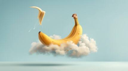 Surreal imagery of a banana and peel floating on fluffy clouds in a blue sky, blending everyday objects with imaginative concepts.