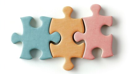 Obraz premium Three colorful jigsaw puzzle pieces joined together, representing teamwork, connection, and collaboration on a white background.