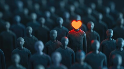 A figure with a glowing heart surrounded by community members, symbolizing empathetic connections and self-awareness, self-development skills