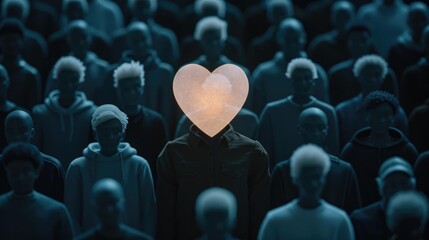 Obraz premium A figure with a glowing heart surrounded by community members, symbolizing empathetic connections and self-awareness, self-development skills