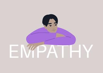 A character rests their chin on their hand, looking away wistfully, propped up by the word empathy in a lighthearted digital illustration