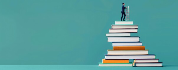 A person climbing a ladder made of books, symbolizing self-development and knowledge advancement, targets, planning, success