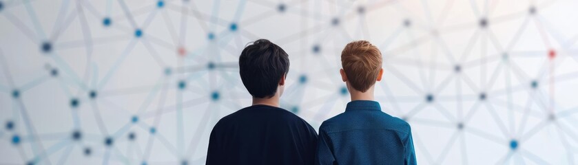 Obraz premium A mentor guiding a student with a backdrop of interconnected symbols, depicting communication, support, and connection, self-development skills