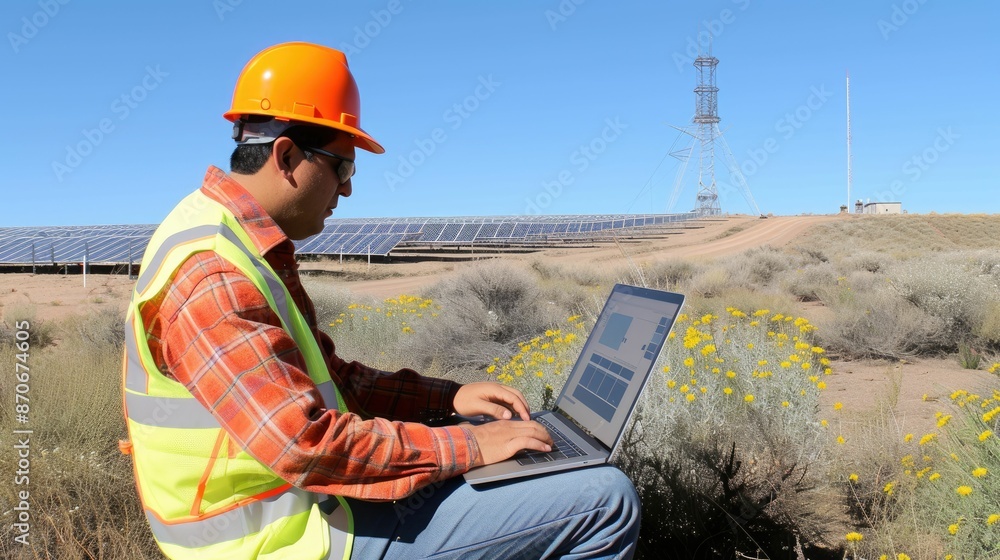 Poster skilled engineer working and analyze data by using laptop at solar cell. professional technician and