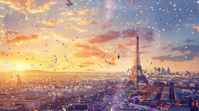 The Eiffel Tower on the background of the city, confetti flying in the sky, warm sunlight, summer olympic games concept