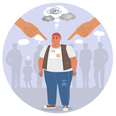 Overweight man in stress feeling social pressure, bullying and society blaming flat vector illustration. Obese body shame and discrimination concept