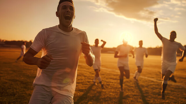 Soccer player celebrating after scoring winning penalty shot with teammates rushing towards him in jubilation at sunset.