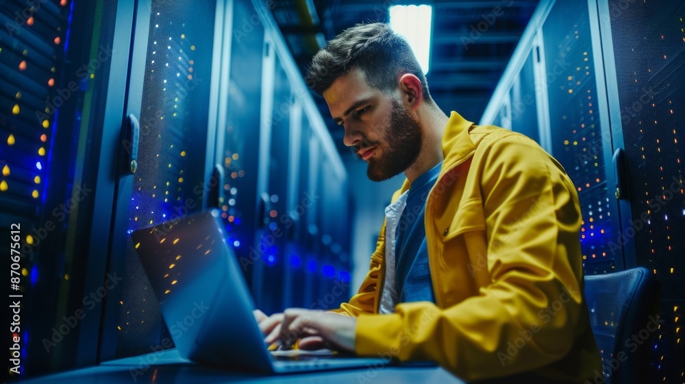 Aufkleber a server engineer works diligently on a laptop in a data center, surrounded by rows of servers. the 