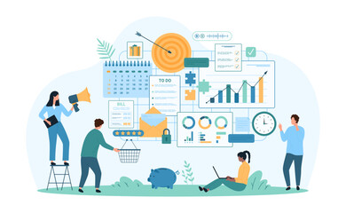 Business task management and organization, goal planning. Tiny people manage digital calendar, data report and chart, plan strategy of company development and growth cartoon vector illustration
