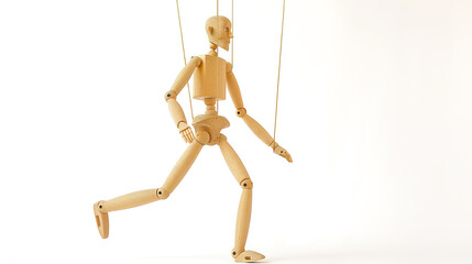 A wooden mannequin posed as if walking, suspended by strings against a white background.