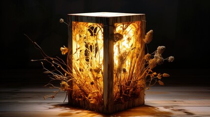 A wooden lamp made of square wood slats