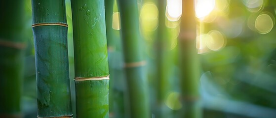 Bamboo rising toward the sky, soft green leaves glistening with dew drops, the air filled with the scent of fresh grass and gentle water streams.