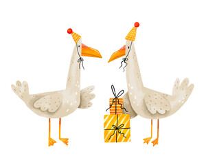 Ducks celebrate birthday with gifts  Happy Birthday. Hand drawn cartoon illustration card on isolated background