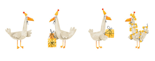 Goose clipart celebrate birthday.  Happy Birthday. Hand drawn cartoon illustration on isolated background