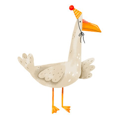 Goose in festive hat .  Happy Birthday. Hand drawn cartoon illustration on isolated background