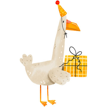 Duck with festive hat and gift box.  Happy Birthday. Hand drawn cartoon illustration on isolated background