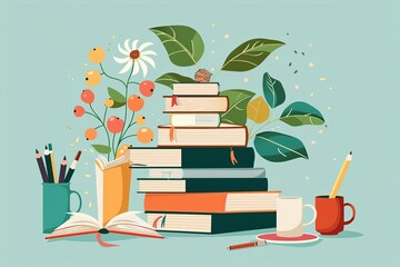 Back to school, book lovers starting a reading journal, flat design illustration
