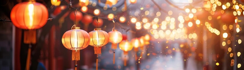 MidAutumn Festival Focus on children with lanterns with blur decorated courtyard background, under the soft glow of lanterns, in a festive style, with space on the left for text