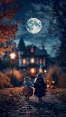 Fototapeta premium Halloween Focus on children in spooky costumes with blur decorated house background, under the moonlight, in a spooky style, with space on the left for text