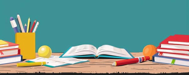 Back to school, exam study guides on desk, flat design illustration