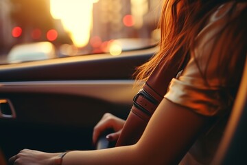 Close up of female driver securing seatbelt for safety while actively driving her vehicle