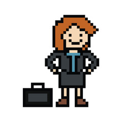 Cute pixel cartoon 8bit character business woman businesswoman smart work life office game isolated for decoration business 8 bit female career smart character game PNG vector.