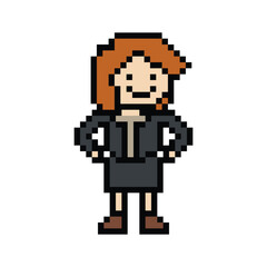 Fototapeta premium Cute pixel cartoon 8bit character business woman businesswoman smart work life office game isolated for decoration business 8 bit female career smart character game PNG vector.