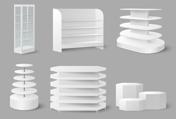 Empty store shelves mockup vector illustration. Supermarket shelf stand, merchandising display retail rack for product storage isolated set. Shop interior design equipment © Siberian Art