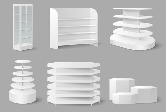 Empty store shelves mockup vector illustration. Supermarket shelf stand, merchandising display retail rack for product storage isolated set. Shop interior design equipment