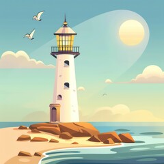 The lighthouse on the coast features a white tower, casting a guiding light over the blue ocean and sandy beach, essential for safe navigation.