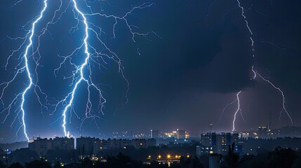 A powerful thunderstorm with lightning strikes illuminating a city skyline at night, with heavy rain and wind.