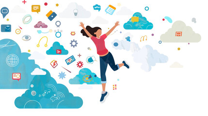 Fototapeta premium A woman mid-air above cloud graphics with various tech icons around her suggesting cloud computing solutions.