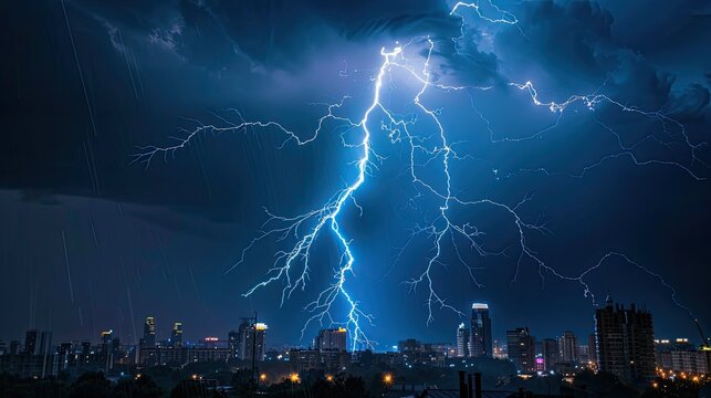 A powerful thunderstorm with lightning strikes illuminating a city skyline at night, with heavy rain and wind.