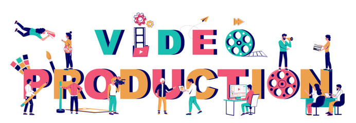 Video production lettering poster background template with tiny people creative team. Cinema movie media film vector illustration abstract banner design
