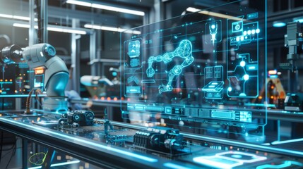 Fototapeta premium futuristic robotics lab where engineers are working on advanced robotic systems using holographic simulations