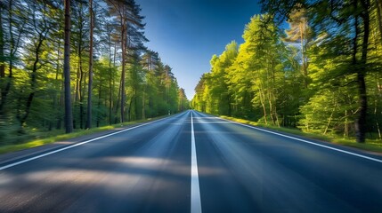 Obraz premium A highway road in the forest, with trees on both sides of it and green leaves, white lines along each side. The background is a blue sky, speed blur effect.