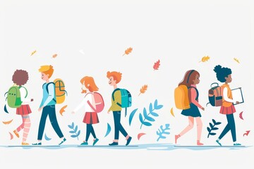 Back to school, kids enjoying teamwork activities, flat design illustration