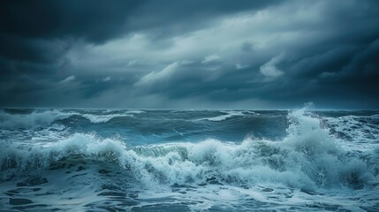 The ocean is rough and stormy, with dark clouds looming overhead
