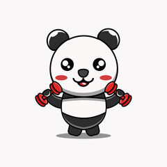 cute vector design illustration of a panda mascot holding a barbell