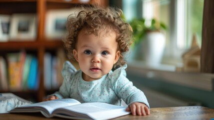 Curious Toddler Girl With Curly Hair Leans Over Open Book In Library Setting