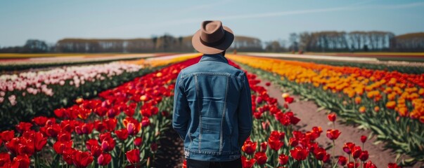Naklejka premium Person in denim jacket and hat walking through colorful tulip field, nature exploration concept