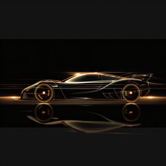 A sleek car is subtly highlighted against a dark background with golden lines, presenting a minimal and elegant 2D design.