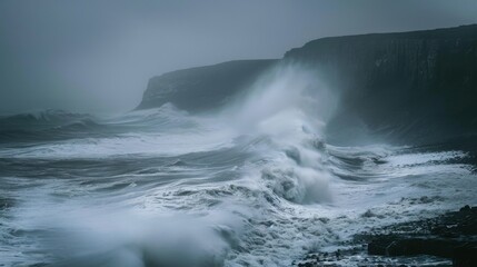 Fototapeta premium The ocean is rough and the waves are crashing against the rocks