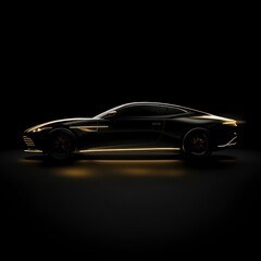 sleek car is subtly highlighted against a dark background with golden lines, presenting a minimal and elegant 2D design