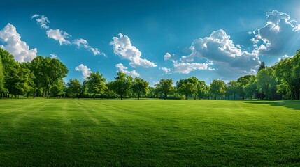 Obraz premium A large grassy field with trees on the edges, a blue sky and white clouds in the background, a wide green space, a wide angle lens showing a green meadow, a park landscape.