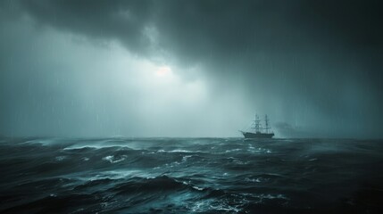 A large ship sails through a stormy sea