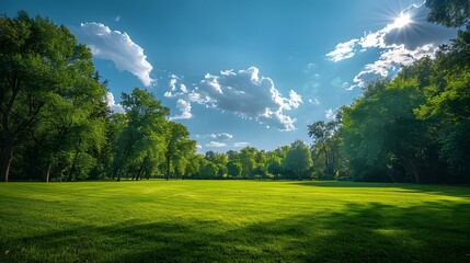 Obraz premium A large grassy field with trees on the edges, a blue sky and white clouds in the background, a wide green space, a wide angle lens showing a green meadow, a park landscape.