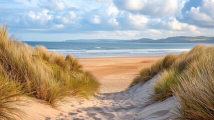 Grassy Dunes Leading to a Sandy Beach with Ocean and Blue Sky in the Distance