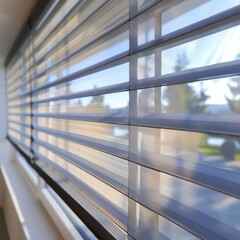 A modern interior featuring large windows, casting shadows from stylish blades, creating a sophisticated ambiance in a luxurious, empty home design.